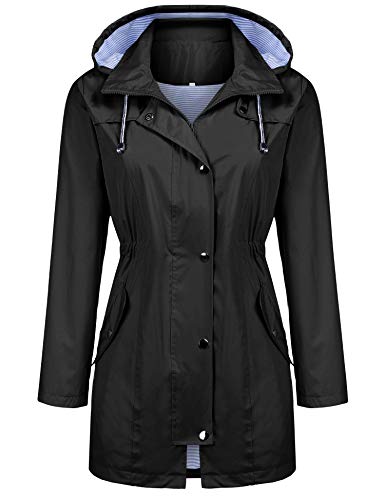 Kikibell Rain Jacket Women Striped Lined Hooded Lightweight Raincoat Outdoor Waterproof Windbreaker