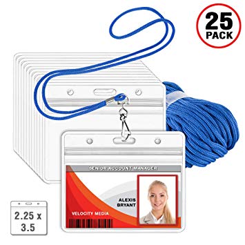 MIFFLIN Lanyard (Blue, 2.25x3.5 Inch, 25 Pack) with Clear Plastic Horizontal ID Badge Holder, Heavy Duty Pouch with Soft, Woven, Neck Lanyards