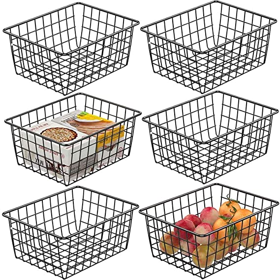 Wire Baskets, Cambond 6 Pack Wire Storage Basket Durable Metal Basket Pantry Organizer Storage Bin Baskets for Kitchen Cabinets, Pantry, Bathroom, Countertop, Closets (Black, Small)