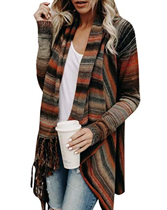 Shele Womens Speckled Fringe Cardigan Tassel Asymmetrical Hem Shawl Heap Collar Casual Sweater Poncho