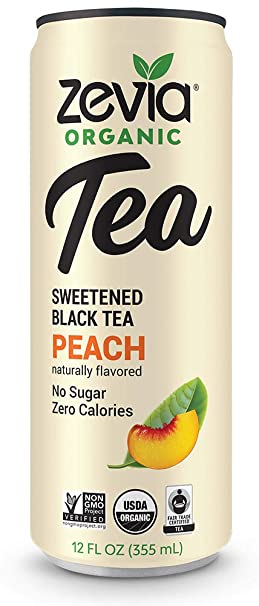 Zevia Organic Black Tea Peach, 12 Count, Sugar-Free Brewed Iced Tea Beverage, Naturally Sweetened with Stevia, Zero Calories, No Artificial Sweeteners