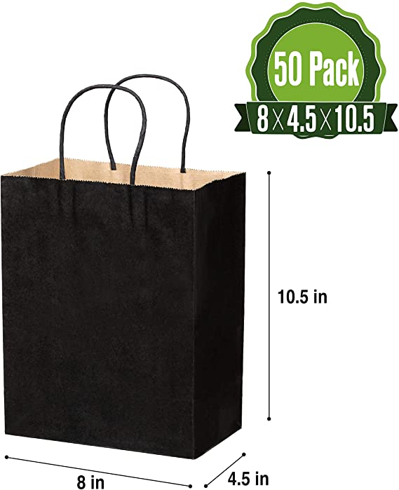 Kraft Paper Gift Bags Bulk with Handles 8 X 4.5 X 10.5. Ideal for Shopping, Packaging, Retail, Party, Craft, Gifts, Wedding, Recycled, Business, Goody and Merchandise Bag (Black, 50 Bags)