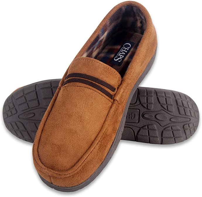 Chaps Men's Slipper House Shoe Moccasin Memory Foam Suede Indoor Outdoor Nonslip Sole Construction