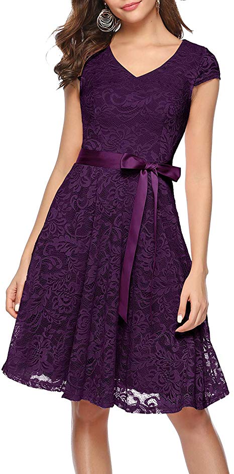 BeryLove Women's Floral Lace Short Bridesmaid Dress Cap Sleeve Cocktail Party Dress