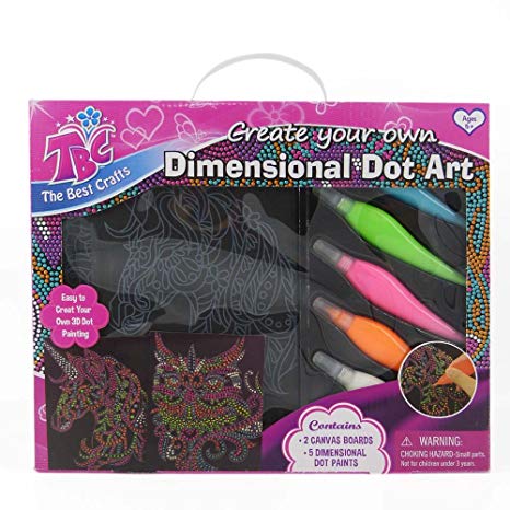 TBC Canvas Painting Set, Preprinted Unicorn and Owl Patterns Painting, 3D Dot Arts, Painting Set Canvas with 5 Vibrant Colors of 3D Dot Paints, Great Canvas Painting for Kids.