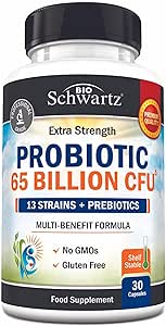 BioSchwartz Probiotic 65 Billion - Probiotics with Prebiotic for Women & Men - Lactobacillus Acidophilus Digestive Health Capsules - Targeted Release Technology - Shelf Stable Supplement Non-GMO -30ct