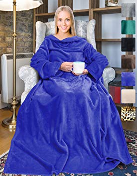 Fleece Wearable Blanket with Sleeves and Front Pocket for Women Men, Super Soft Microplush Adult Comfy Throw with Sleeves for Lounge Couch Reading Watching TV 73" x 51" Blue