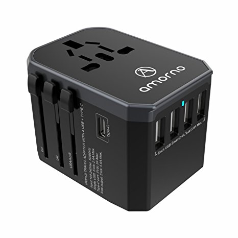 Travel Adapter Charger, AMORNO Worldwide International Universal All in One Adapter 1840W Travel AC Power Plug Converter with 4 USB Charging Ports and 1 Type C Adapter for Cell Phone/ipad/ Laptop