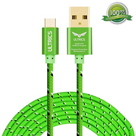 ULTRICS Android Charger Cable, 3M Micro USB Nylon Braided Data Sync Quick Charger Lead Compatible for Samsung, Sony Xperia, Nokia, Microsoft, Motorola, Nexus, LG, PS4, Tablet, Xiaomi and More - Green