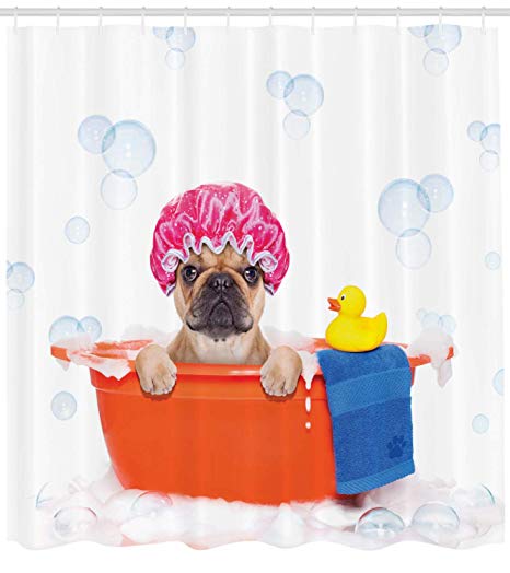 Ambesonne Dog Lover Shower Curtain, Dog Having a Bath in a Tub with Rubber Duck Cleaning Theme on Bubbles Background, Cloth Fabric Bathroom Decor Set with Hooks, 70" Long, Orange Pink