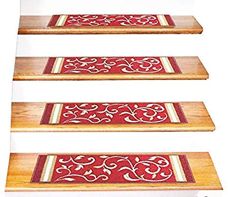 Gloria Rug Skid-Resistant Indoor/Outdoor Rubber Backing Gripper Non-Slip Carpet Stair Treads-Machine Washable Stair Mat Area Rug (Set of 7) 8.5" x 26" Red Floral Design
