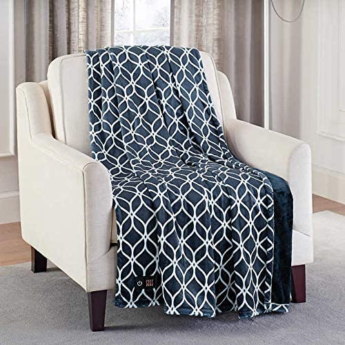 Brookstone Luxurious Electric Heated Throw 4-Heat Settings Easy One Touch Built-in Remote (Navy Blue/White Pattern)