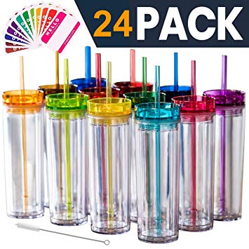 SKINNY TUMBLERS 24 Colored Acrylic Tumblers with Lids and Straws | Skinny, 16oz Double Wall Clear Plastic Tumblers With FREE Straw Cleaner & Name Tags! Reusable Cup With Straw (Multicolors, 24)