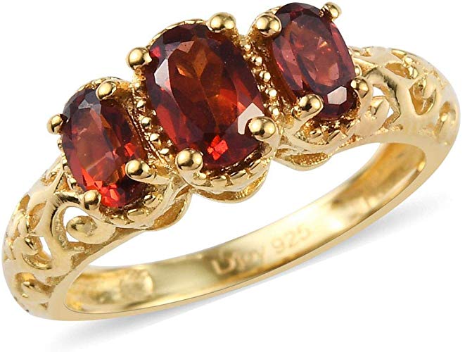 925 Sterling Silver 14K Yellow Gold Plated Oval Garnet Trilogy Ring for Women Cttw 0.9