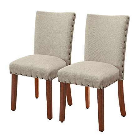 HomePop Parsons Upholstered Accent Dining Chair with Nailheads, Set of 2, Burlap