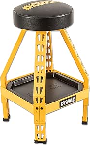 DEWALT Heavy-Duty Metal Stool for Garage and Shop, 360 Swivel Seat, Storage Tray, Padded Rip-Resistant Seat, Steel Frame, Industrial Powder Coating