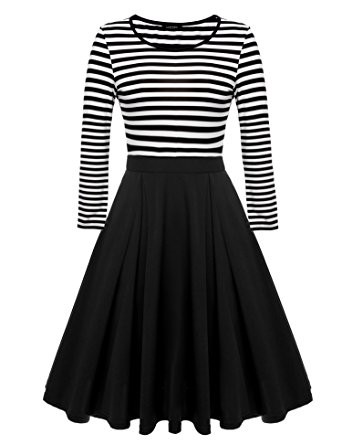 ACEVOG Women's Vintage Stripes Patchwok A-line Long Sleeve Cocktail Dress