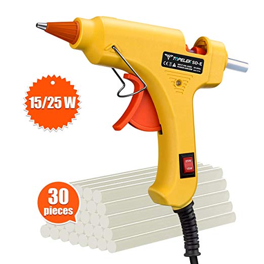 Hot Glue Gun, TopElek 15W/25W Dual Power Mini Glue Gun with Sticks(30pcs,7mm), High Temperature Melt Glue Gun for DIY Arts & Crafts, Hobby, Wood, Fabric, Decorations/Gifts Use, Quick Repairs