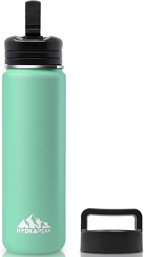 Hydrapeak 22oz Stainless Steel Vacuum Insulated Water Bottle with Straw Lid – BPA-Free Leak-Proof Wide Mouth Thermos Flask   Extra Handle Lid