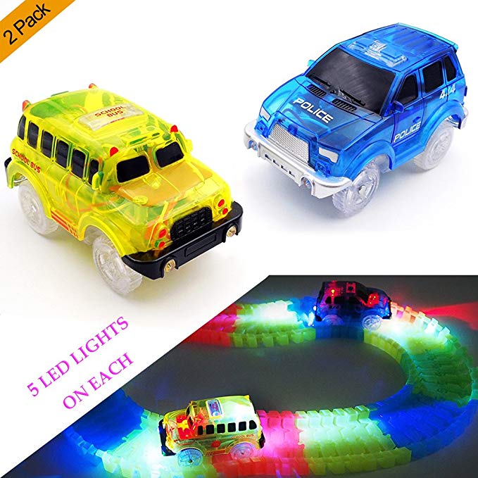 Track Cars,(2-Pack) Light Up Yellow School Bus and Blue Police Car,5 LED Lights,Compatible with Most Tracks, for Boys & Girls (2-Pack(Yellow Blue))