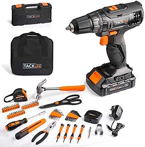 TACKLIFE 20V Cordless Drill & Home Tool Kit, 60PCS,Variable Speed Drill with 19 1 Torque Setting, Toolbox and Storage Case Included - PHK06B