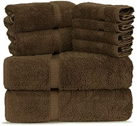 Towel Bazaar Luxury Hotel and Spa Quality Dobby Border 100% Turkish Cotton Eco-Friendly and Highly Absorbent Towel Set (Set of 8, Cocoa)