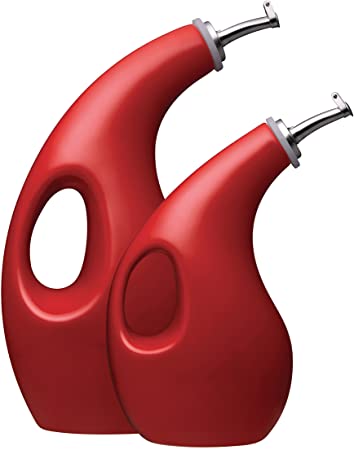 Rachael Ray Stoneware EVOO Oil and Vinegar Dispensing Bottle Set, 2-Piece, Red