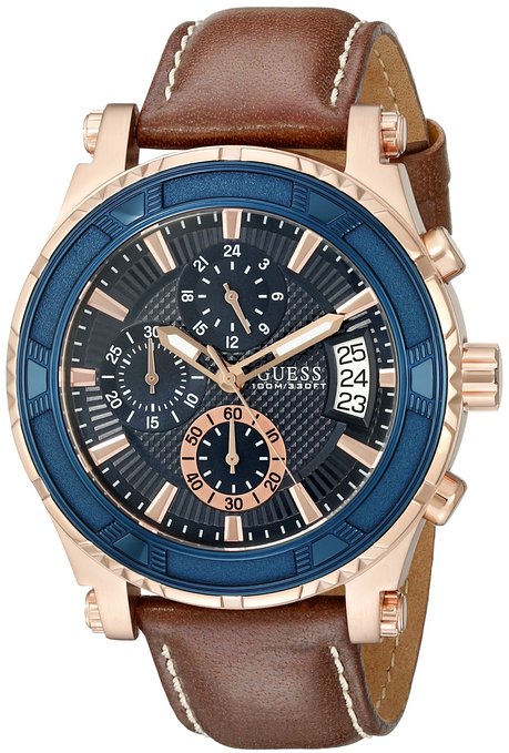 GUESS Men's U0673G3 Brown Chronograph Watch with Iconic Blue Dial & Date Function