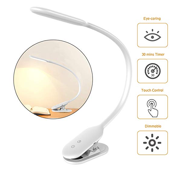 LED Desk Lamp, Rechargeable Clip On Light Reading Light with 360°Flexible Swing Arm,30 mins Timer,Clamp Book Light with Eye-Caring Dimmable Light, Touch Switch Table Lamps for Kids,Room,Office,School