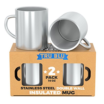 Stainless Steel Coffee Mug – Set of 2, 14 oz Double Wall Insulated Mugs, Shatterproof, Healthy & BPA Free, Dishwasher Safe