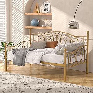 VECELO Metal Daybed Frame Multifunctional Platform Bed Sofa Mattress Foundation with Classic Headboard, Twin, Gold