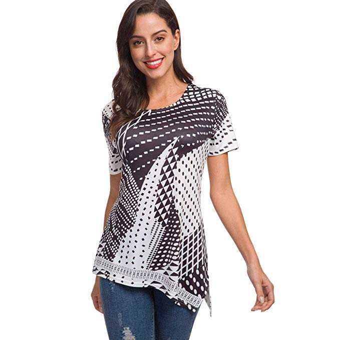 Womens Tops, Beveled Casual Geometric Printed Short Sleeve Tunic Blouse Flowy Dressy Cute Summer Tops Shirt