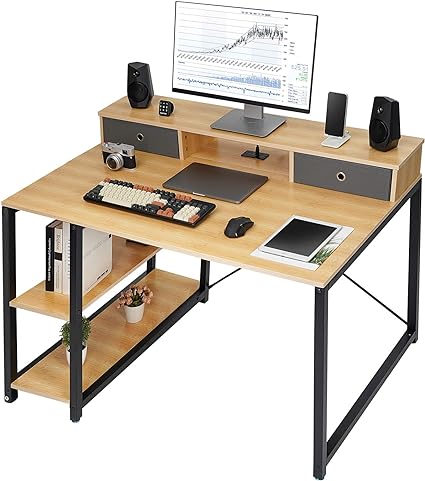 TOPSKY 47”x 31.5” Computer Desk with Drawers, Monitor Stand, Storage Shelf, 3-Port Charging Station (Bamboo)