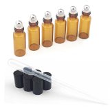 Pack of 6 5ml Amber Roll On Bottles With Metal Ball for Essential Oil Aromatherapy by Mavogel--3ml Dropper Included