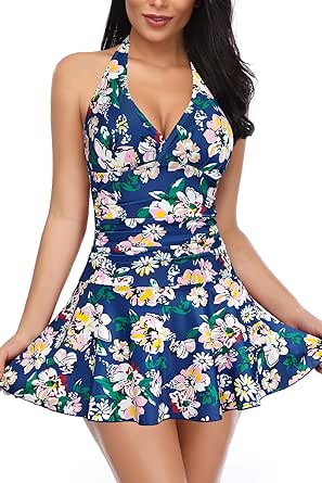 SHEKINI Women's Halter One Piece Skirt Swimsuit Ruched Swimdress Tummy Control Bathing Suit