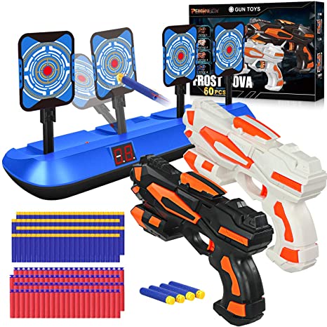 POKONBOY Digital Shooting Target and 2 Pack Blaster Toy Guns Fit for Nerf Bullets, Auto Reset Electronic Scoring Toys Foam Dart Guns with 80 Refill Bullets for 6 7 8 9 10 Year Old Boys Kids Christmas
