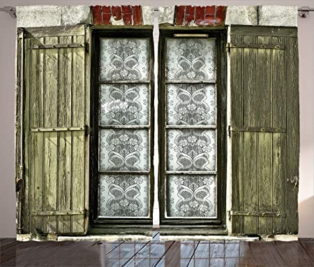 Ambesonne Country Curtains, European French Window with Antique Design Open Shutters in Vintage Style Print, Living Room Bedroom Window Drapes 2 Panel Set, 108" X 84", White Brown