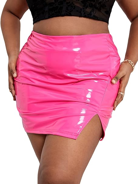 MakeMeChic Women's Plus Size PU Leather Skirt High Waist Split Mini Bodycon Skirt