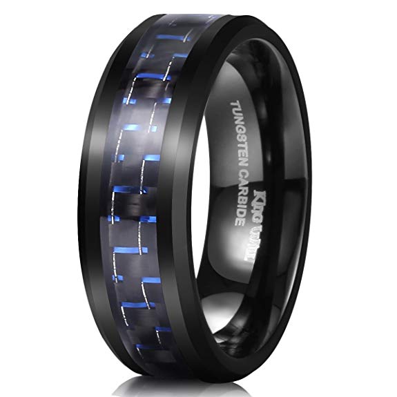 King Will Gentleman 8mm Black Tungsten Carbide Ring Black/Red/Green/Blue Carbon Fiber Inlay Polished Finish Edges Comfort Fit