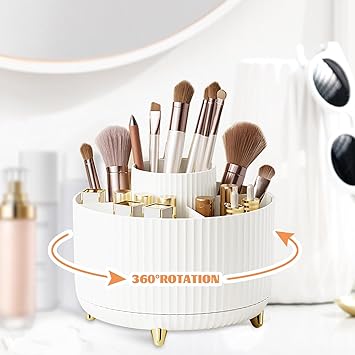 CenYouful Makeup Brush Holder Organizer,5 Slot 360° Rotating Make up Brushes Cup, Makeup Organizer Countertop for Cosmetics, Nail Polish, Art Supply, Bathroom Vanity Desktop Organizer, White