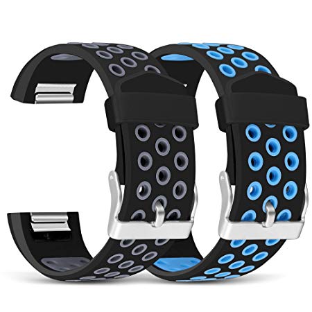 Mosstek Compatible with Fitbit Charge 2 Bands, 2 Pack Breathable Silicone Replacement Sport Bands with Air Holes Compatible Fitbit Charge 2 Smart Watch Fitness Men Women