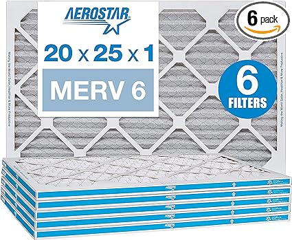 Aerostar 20x25x1 MERV 6 Pleated Air Filter, AC Furnace Air Filter, 6 Pack (Actual Size: 19 3/4"x24 3/4"x3/4")