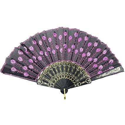 InnoLife® Elegant Colorful Embroidered Flower Peacock Pattern Sequin Fabric Folding Handheld Hand Fan Hand-crafted (Pink)
