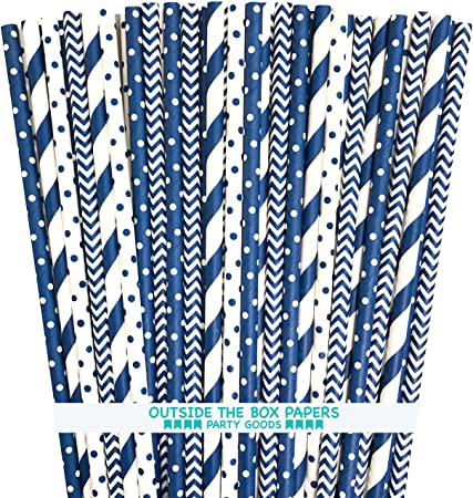 Paper Straws - Navy Blue and White - Stripe Chevron Polka Dot - 7.75 Inches - 100 Pack - Outside the Box Papers Brand