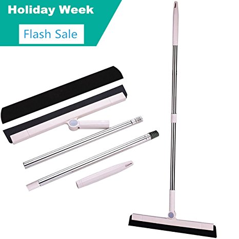 MEIBEI Floor Squeegee Broom with Long Handle -39.4'' Soft Natural Foam Floor Broom with Squeegee,Perfect for Pet Hair,Water Removal,Window Cleaning,One More Squeegee Blae for Free