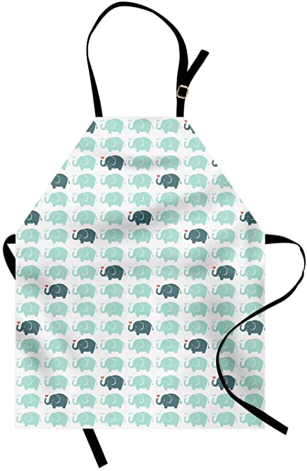 Ambesonne Elephant Apron, Elephant Cartoon Pattern Water Drops Doodle Cheerful Fun Jolly Childish Animal Fun Print, Unisex Kitchen Bib with Adjustable Neck for Cooking Gardening, Adult Size, Teal