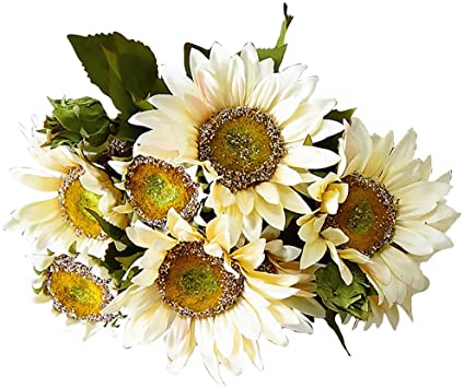 FightingFly Artificial Flowers, 19.5" Silk Fake Sunflowers, 13 Heads Floral Decor Bouquet Indoor Outdoor Wedding Home Office Decoration Festive Furnishing, White