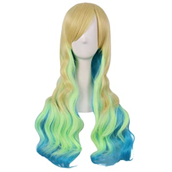 MapofBeauty 28 Inch/70cm Beautiful Long Wavy Harajuku Style Cosplay Wig (Cyan Blue/Yellow-Green/Blonde)