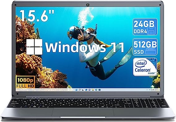 SGIN Laptop, 15.6 Inch Windows 11 Laptops 24GB DDR4 512GB SSD Computer with Intel Celeron N5095 Processor(Up to 2.9GHz), FHD 1920x1080, Mini HDMI, Webcam, USB 3.0, 2.4/5.0G WiFi, Bluetooth 4.2