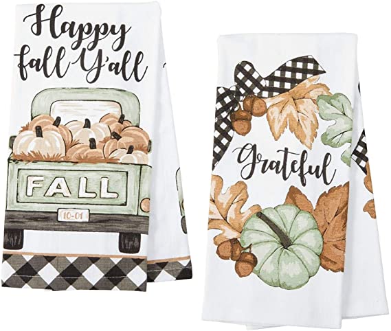 Ritz Farmer’s Market Pumpkin Pickup Truck and Fall Wreath Dishtowel Set of 2 Cotton Tea Towels
